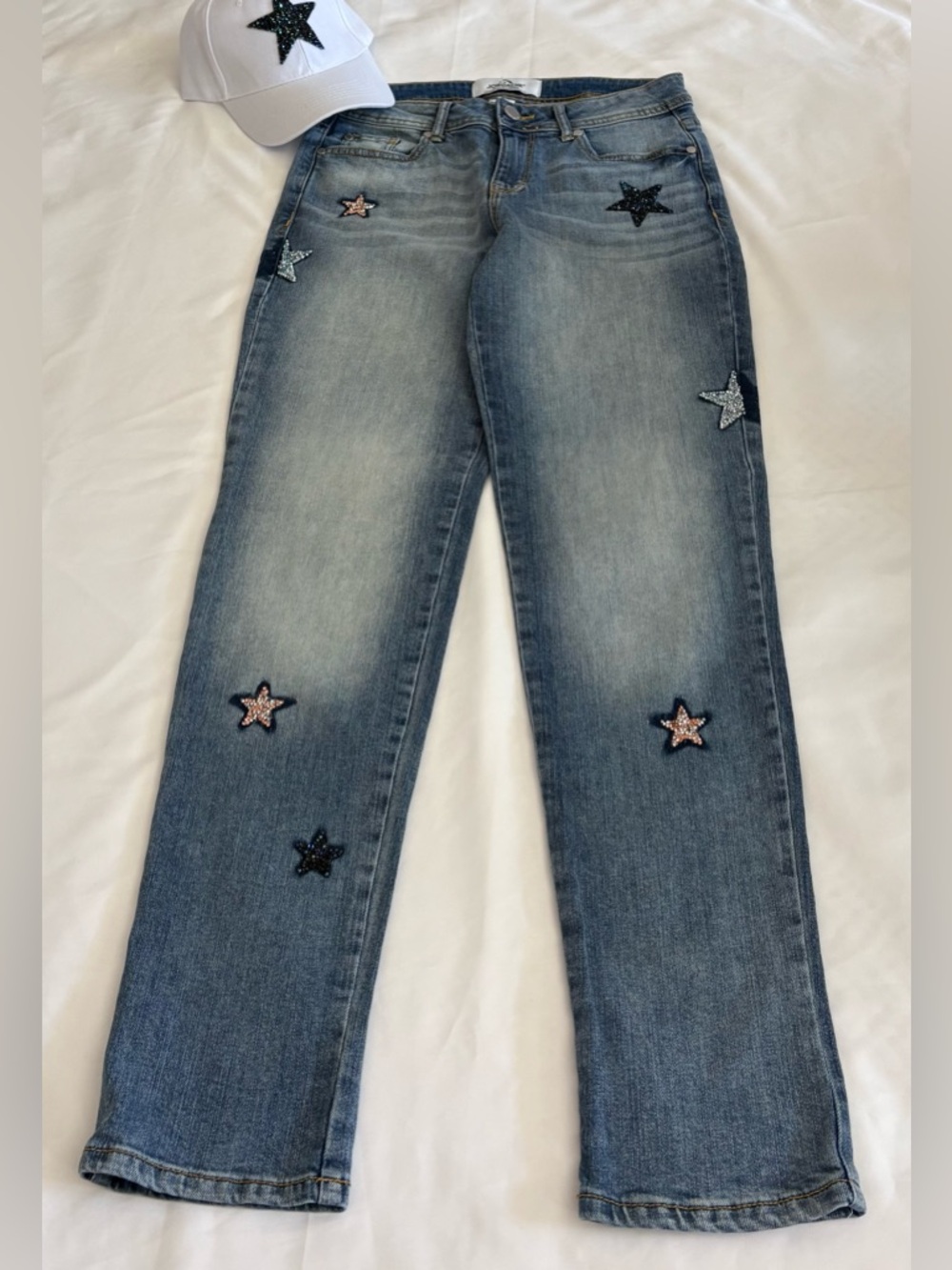 Jordache Slim BF Jeans Size 2 W28 Custom Star Rhinestone Denim W Bonus Match Hat